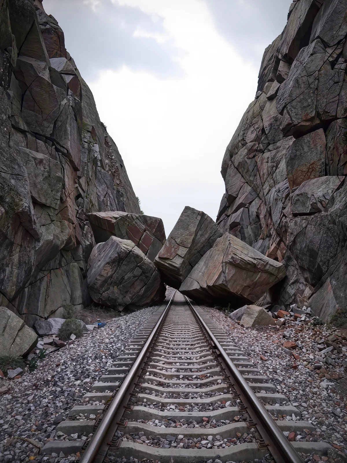 Fallen boulders on and beside a railway track at the foot of a rock face