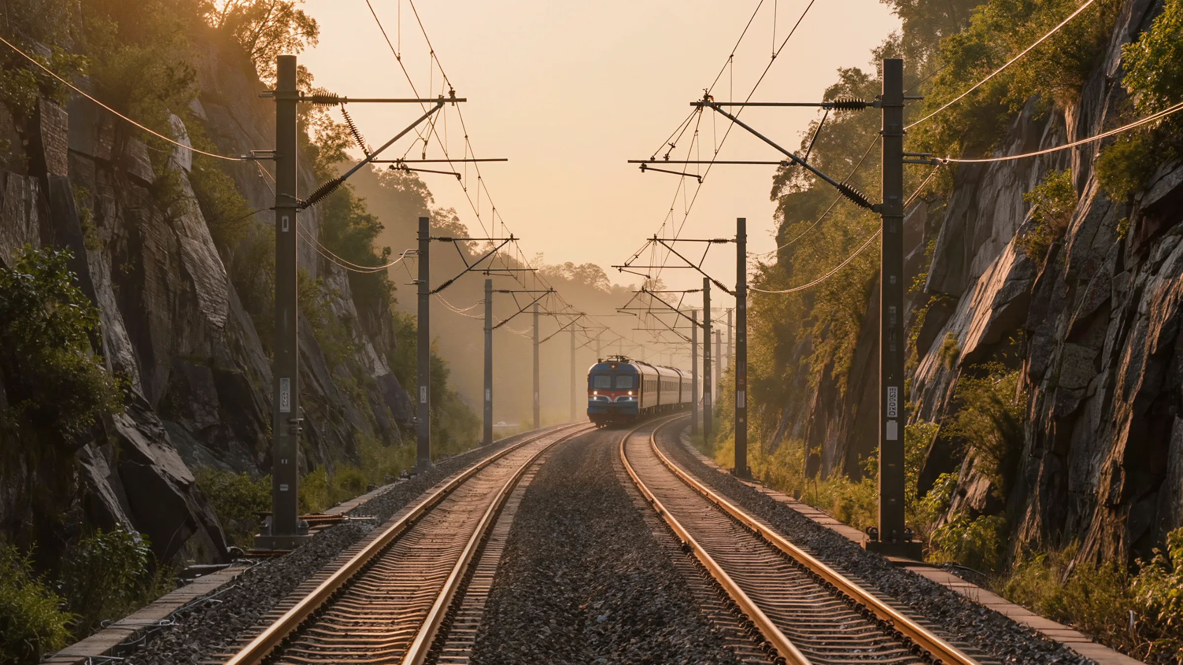 Electrified double-track railway curving through a rock cutting at dawn with a train in the distance