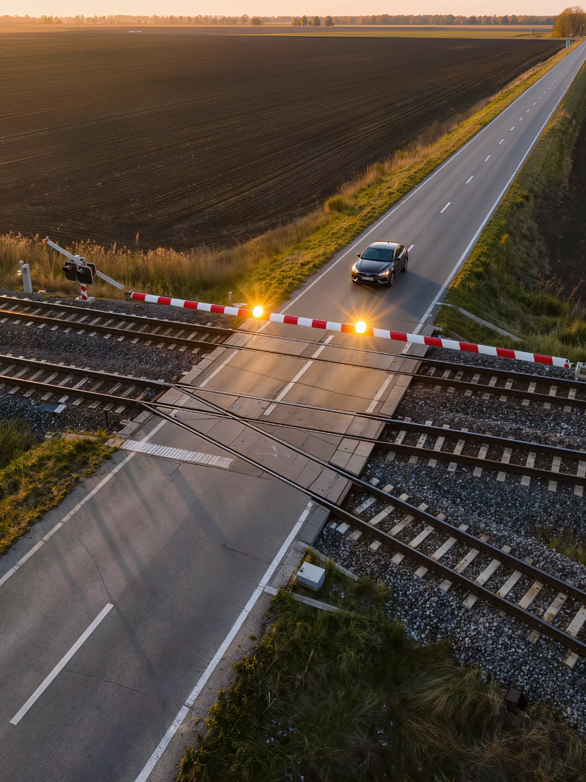 Rural level crossing with barriers lowered and a car on the road