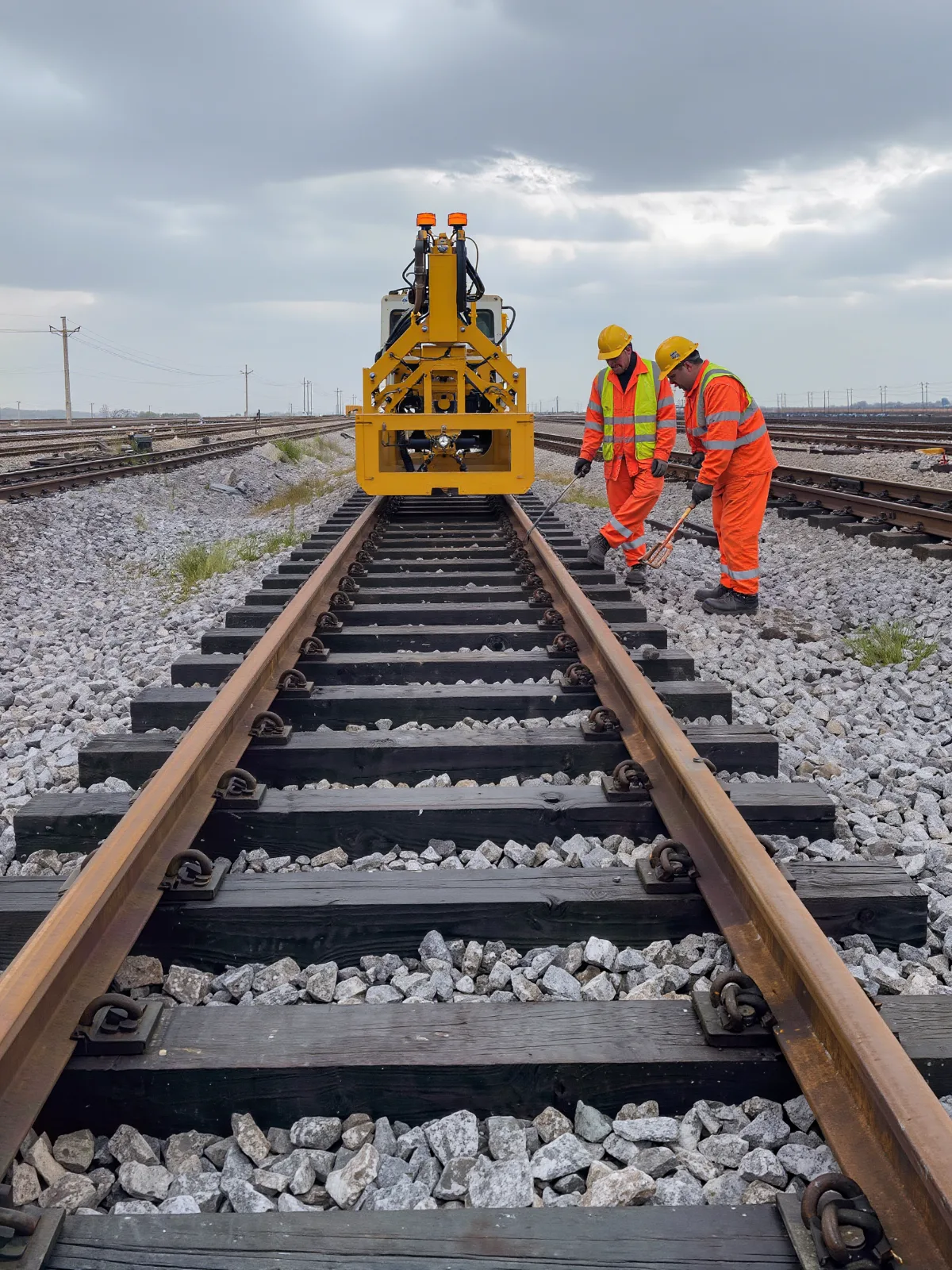 Two track workers in high-visibility clothing beside the rails with a maintenance machine down the line