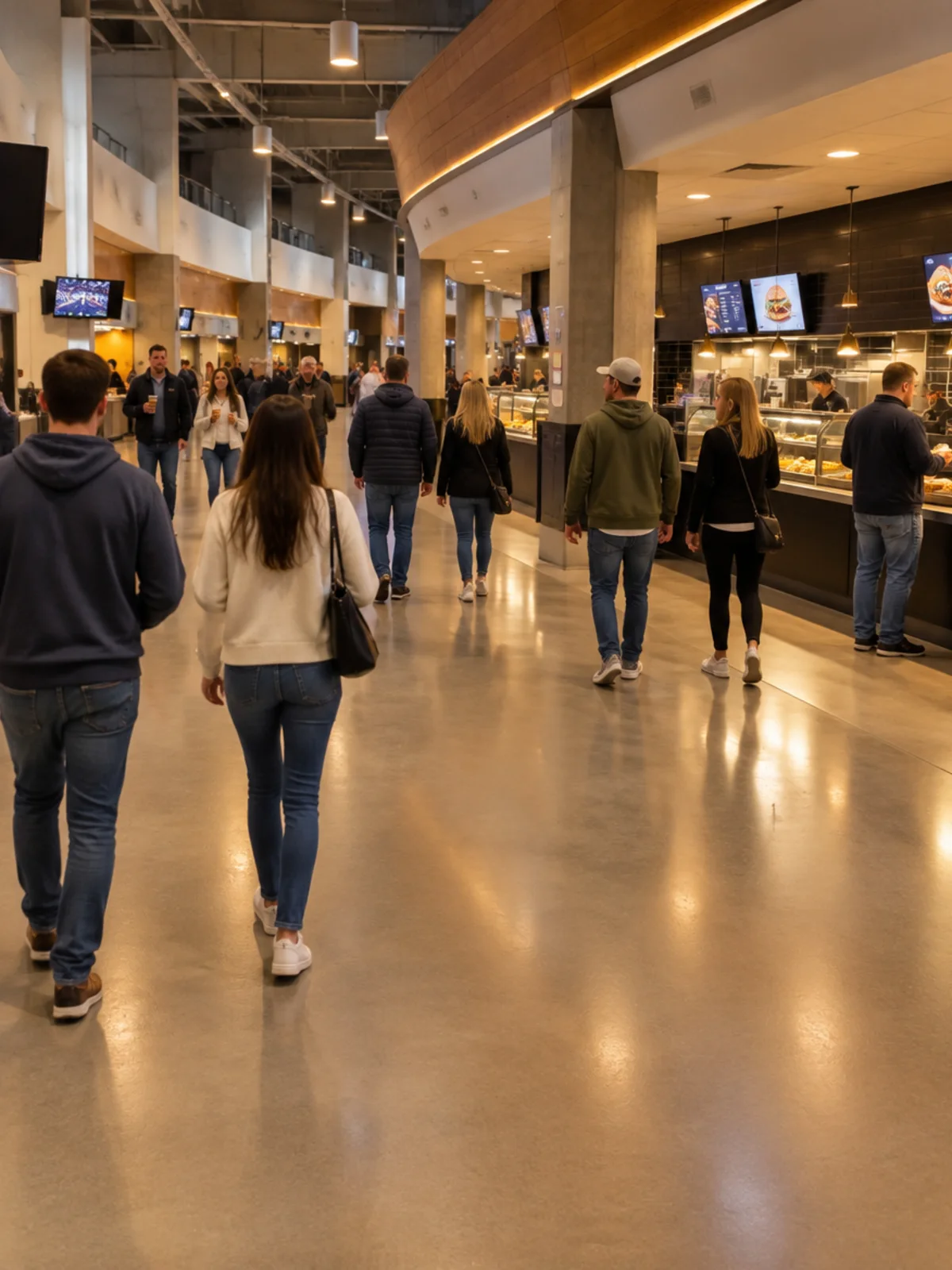 Fans walking through an arena concourse