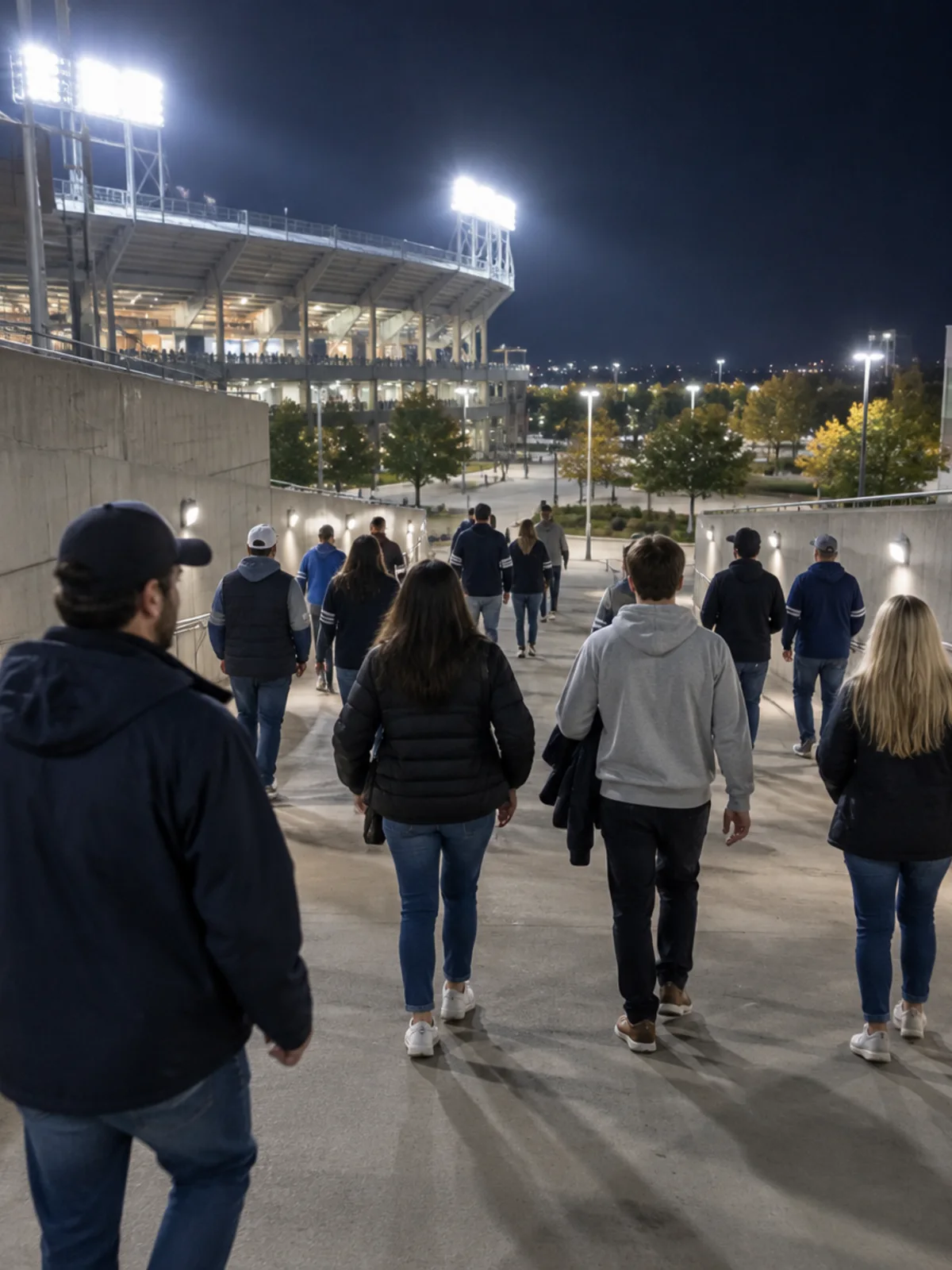 Fans leaving a stadium down a wide exit ramp at night