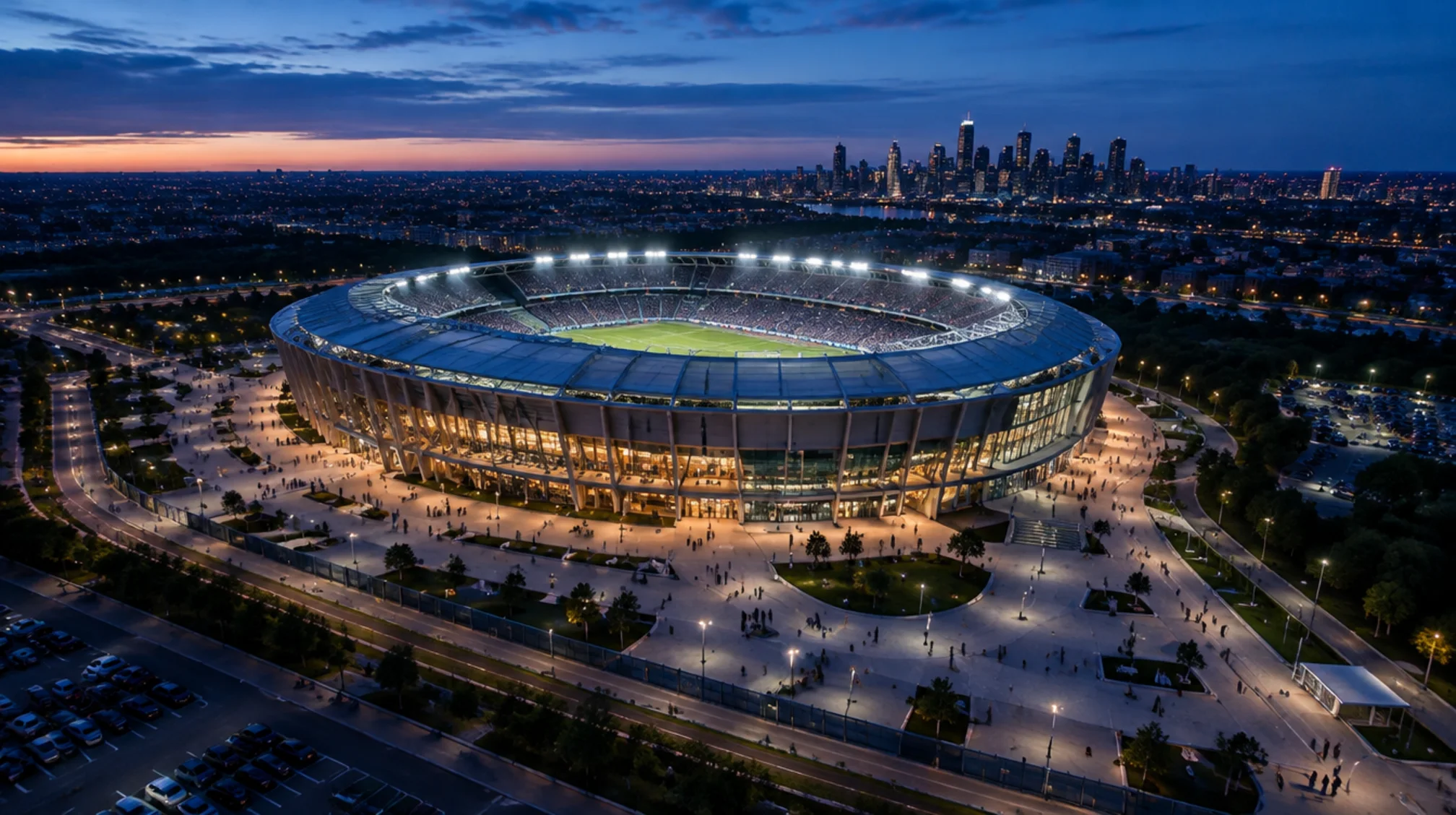 Aerial view of a modern stadium at dusk with its plaza, perimeter and parking lots