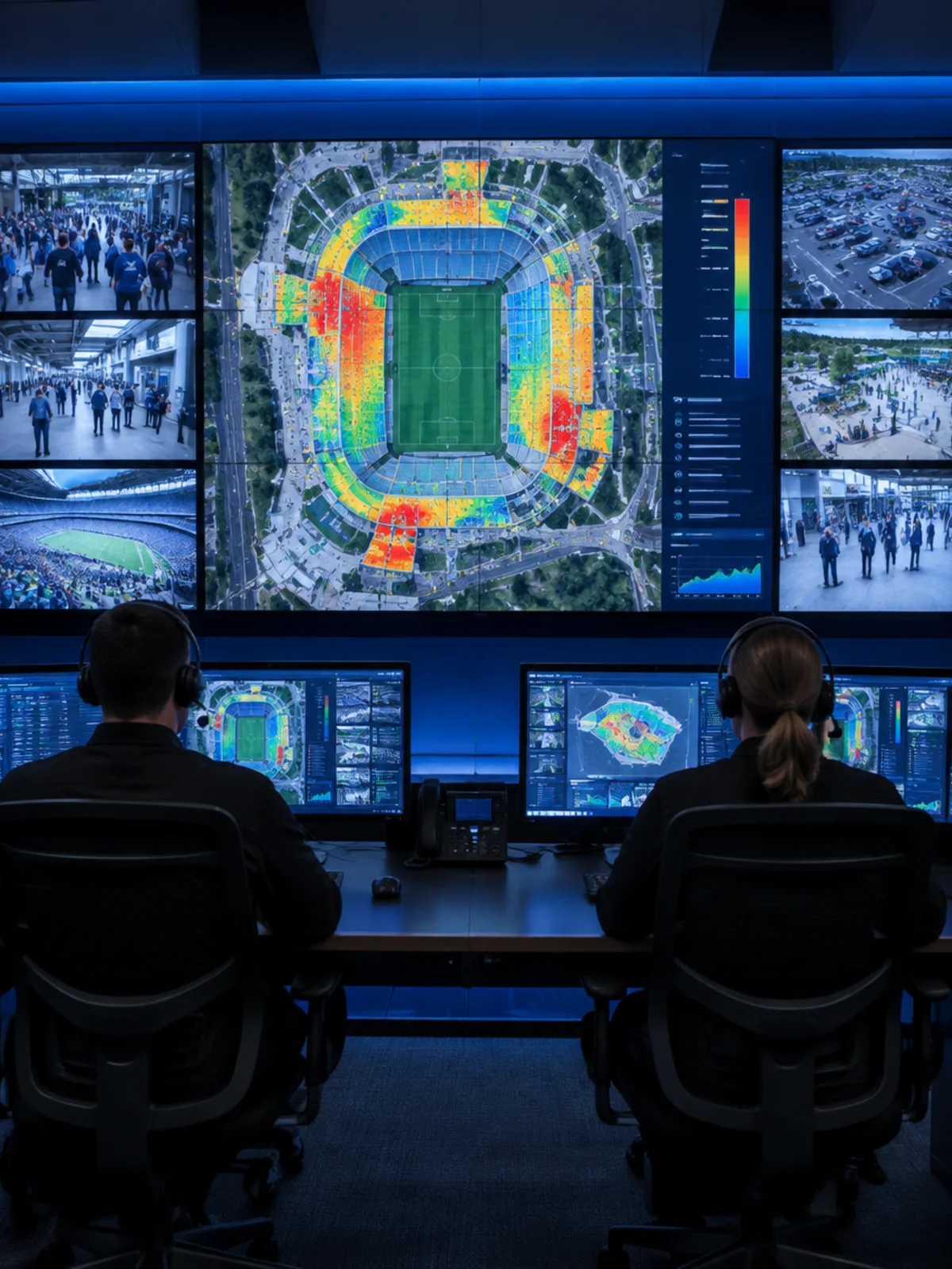 Stadium operations room with a live venue occupancy map