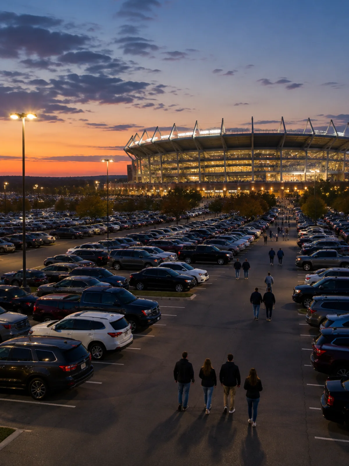 Stadium parking lot at dusk with fans walking toward the venue