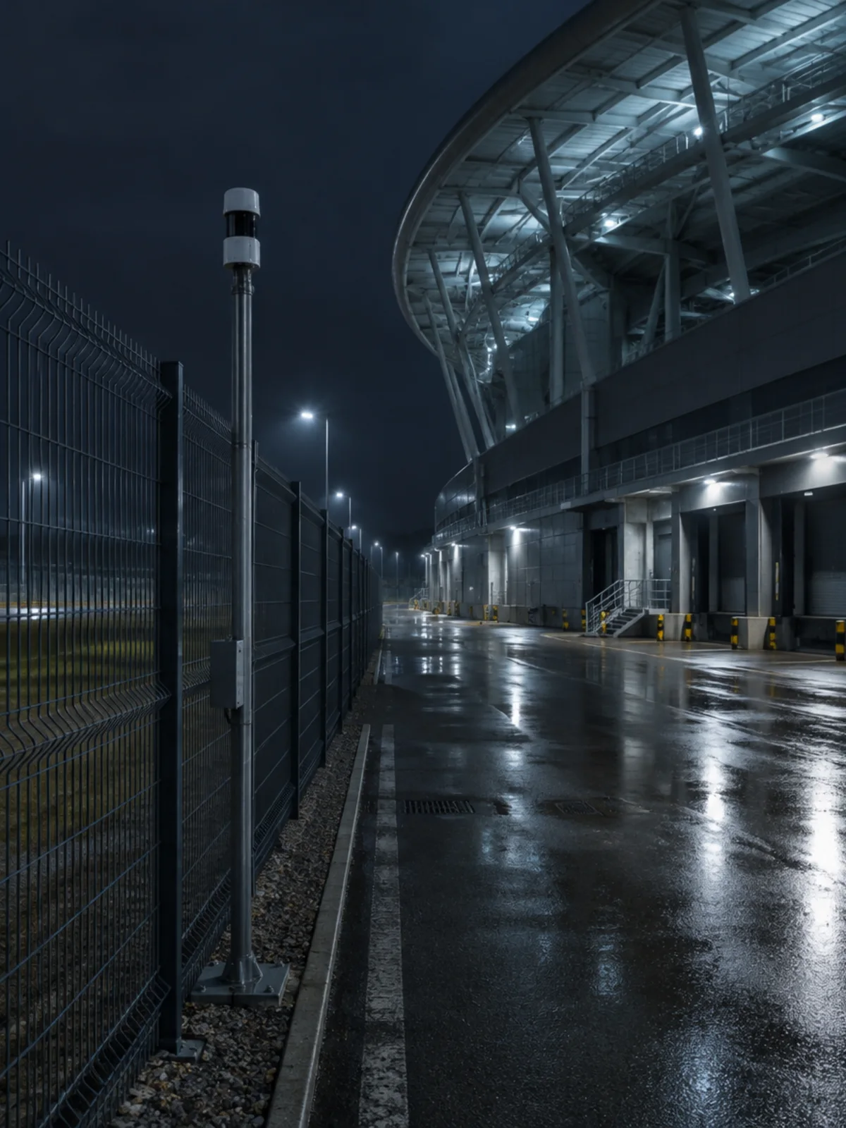 Stadium perimeter fence and service road at night