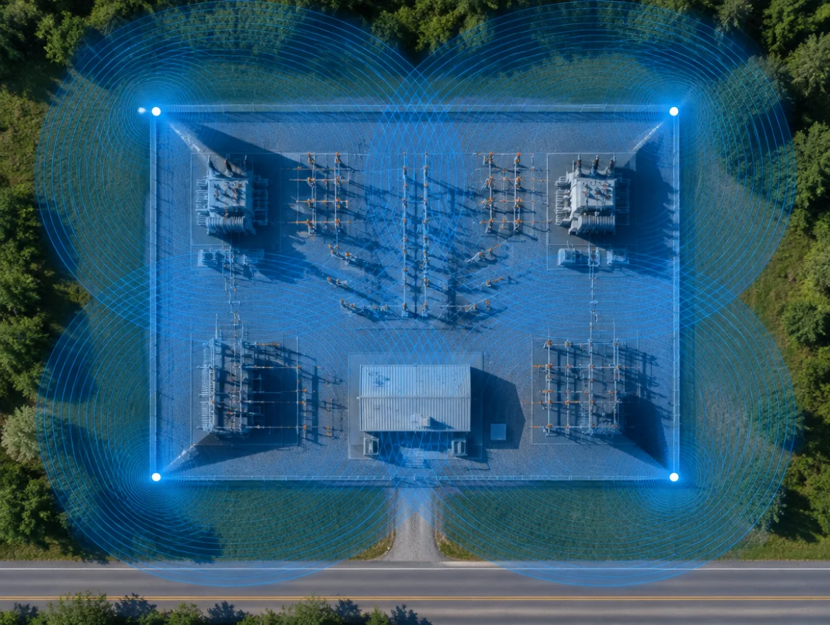 Overhead view of an electrical substation with a 3D LiDAR sensor at each of the four fence corners and overlapping 360 degree blue coverage rings across the yard and perimeter