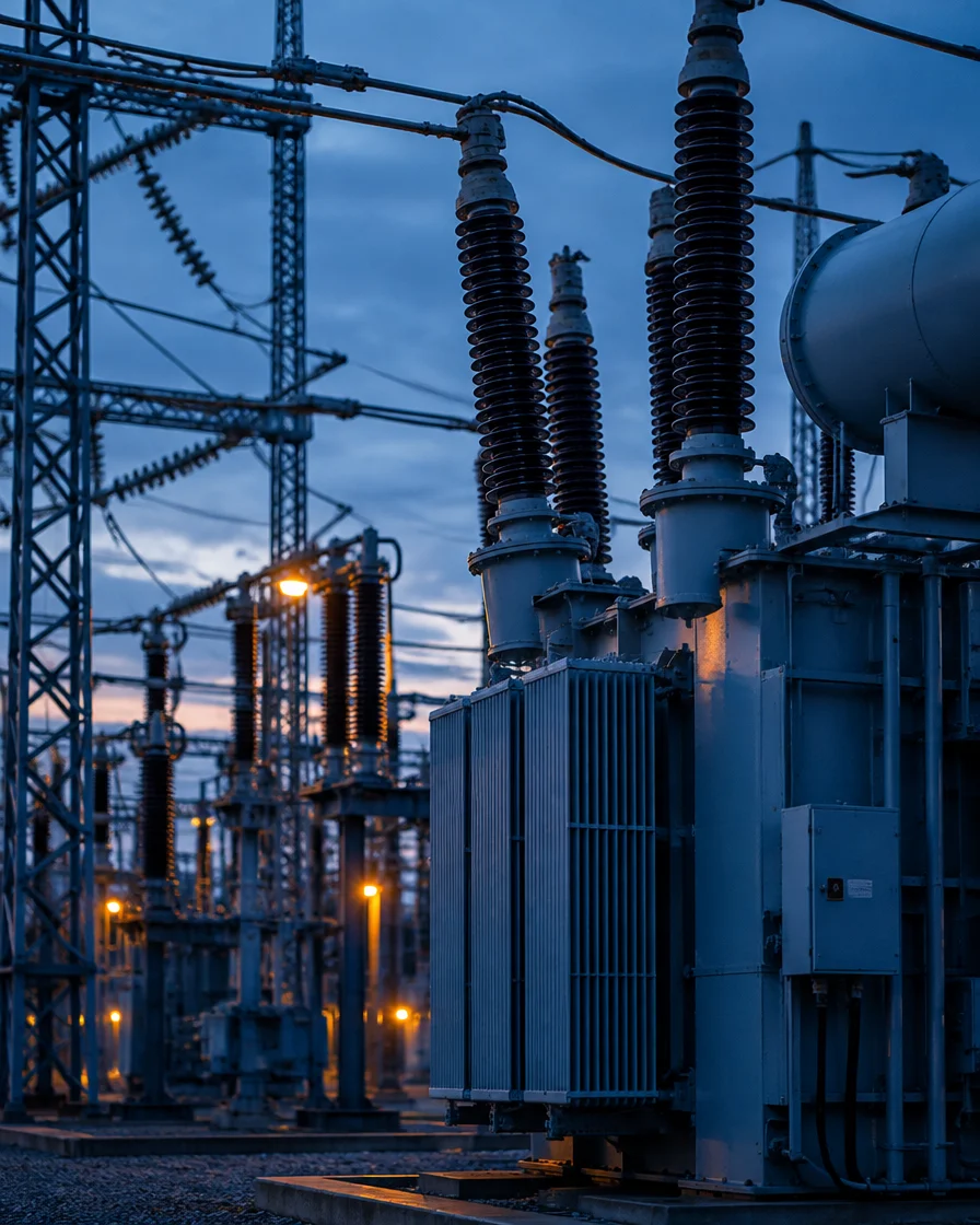 High-voltage substation transformer with ceramic bushings and switchgear at dusk
