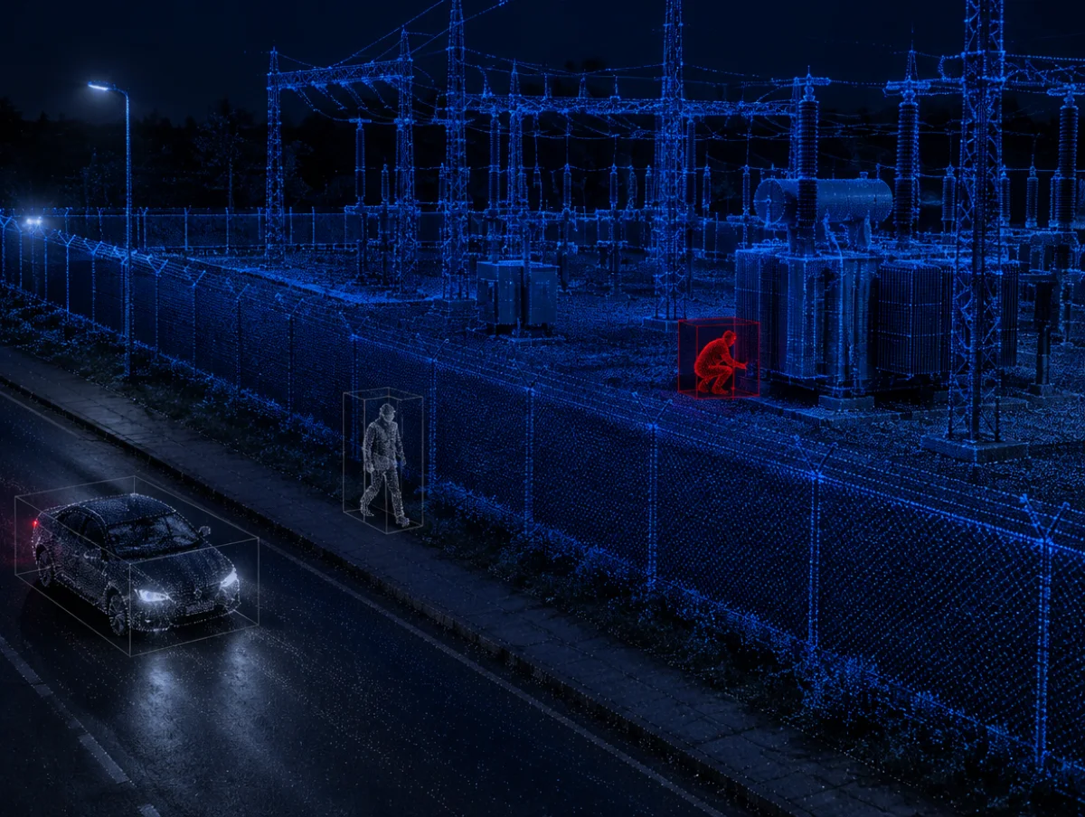 3D LiDAR point cloud at a substation at night with a passing car and pedestrian filtered in gray and an intruder inside the fence highlighted in a red bounding box