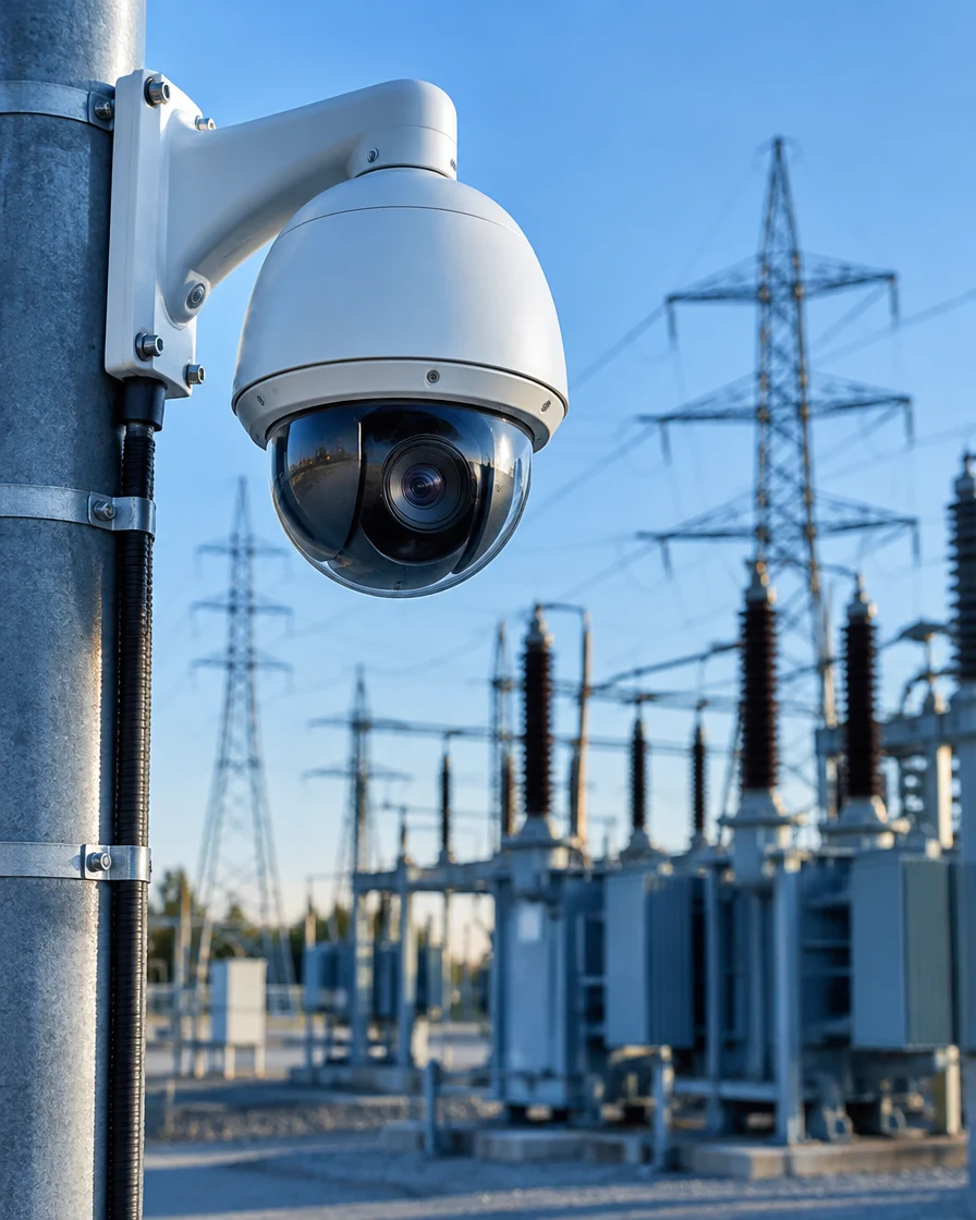 PTZ dome security camera on a pole at an electrical substation