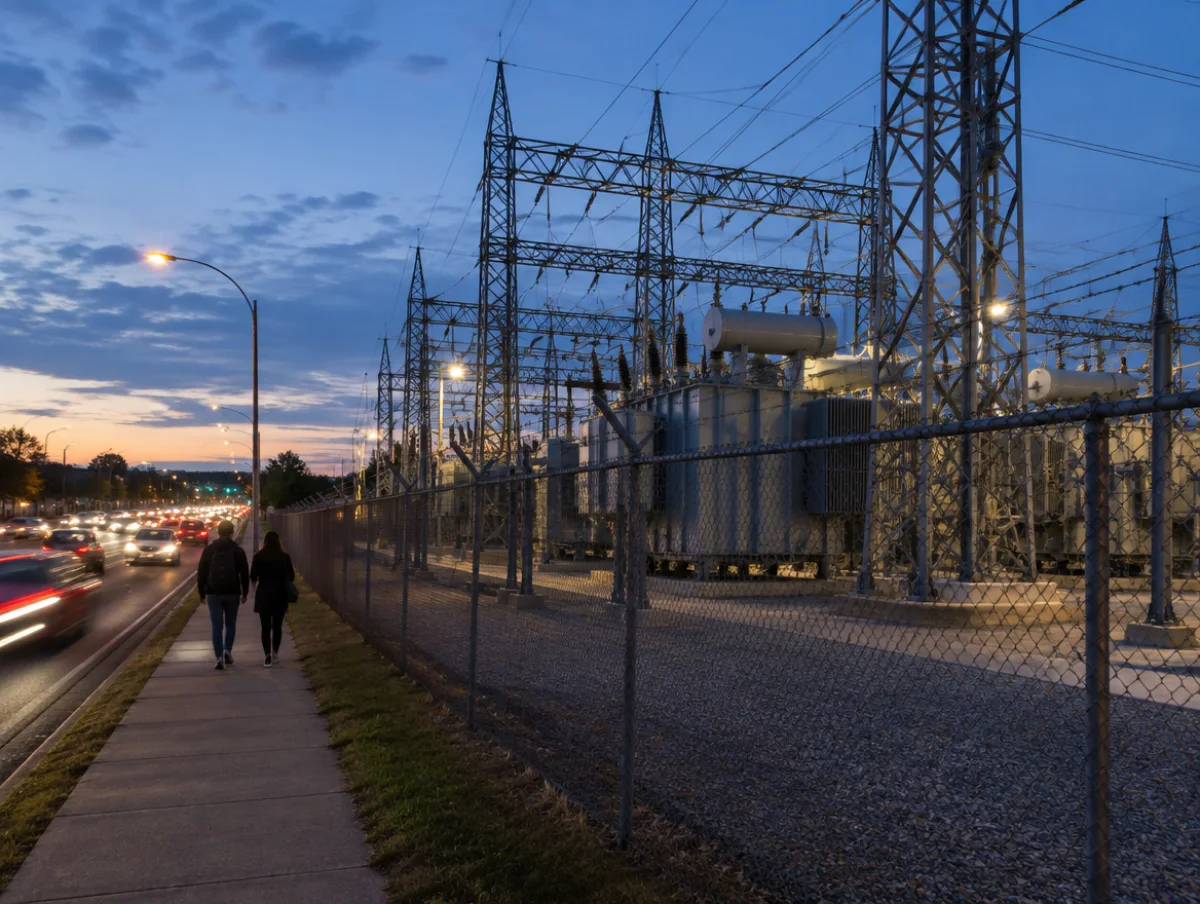 Electrical substation behind a chain link fence at dusk beside a busy road with passing cars and pedestrians on the sidewalk next to the fence