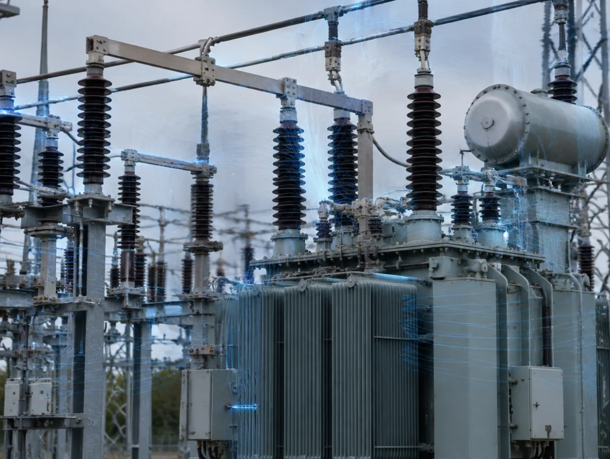 High-voltage substation switchgear and power transformer with insulators and busbars surrounded by a faint electromagnetic field overlay