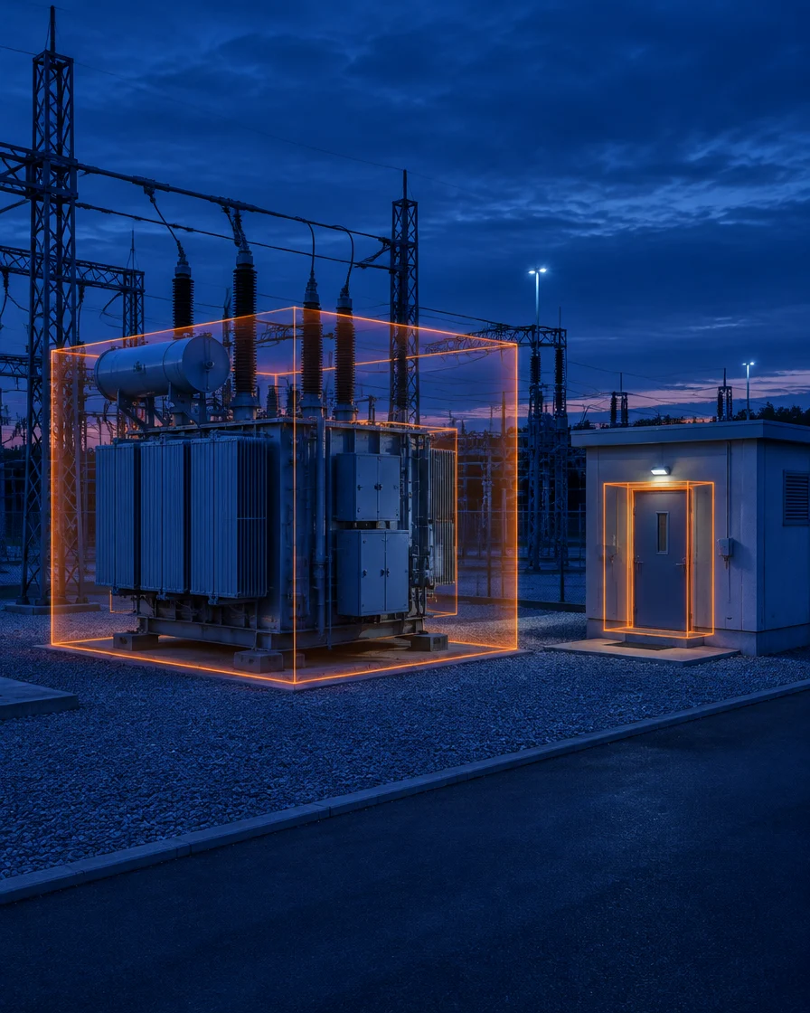 Substation transformer and control house door outlined by 3D LiDAR security zones