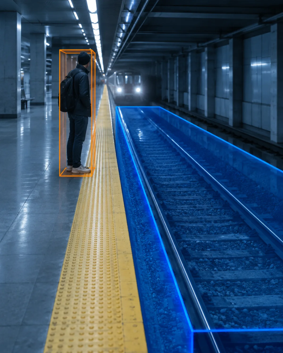 Transit platform edge with a blue 3D zone over the track bed and a person too close to the edge outlined in orange