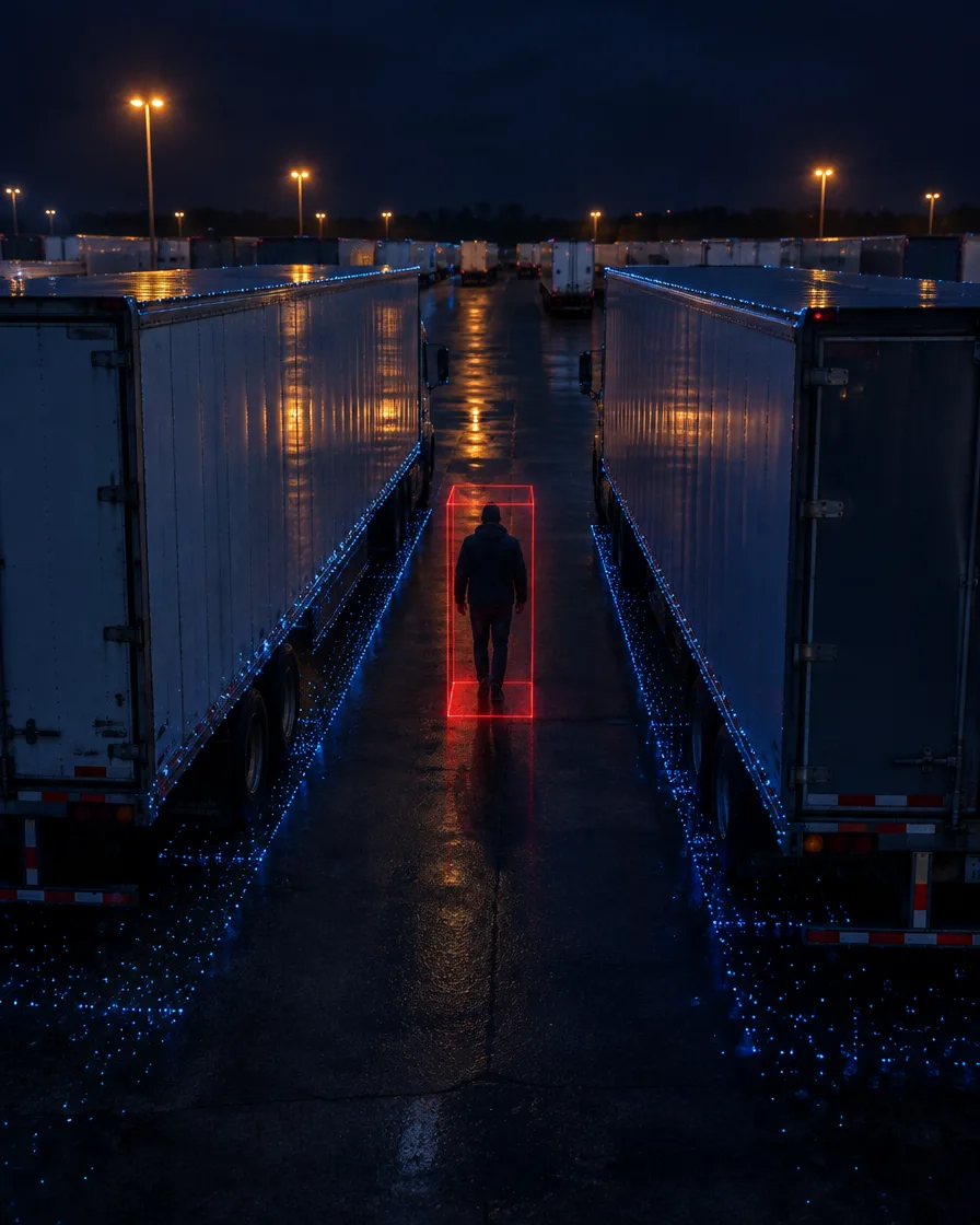 Truck yard at night with a person walking between parked trailers highlighted in red
