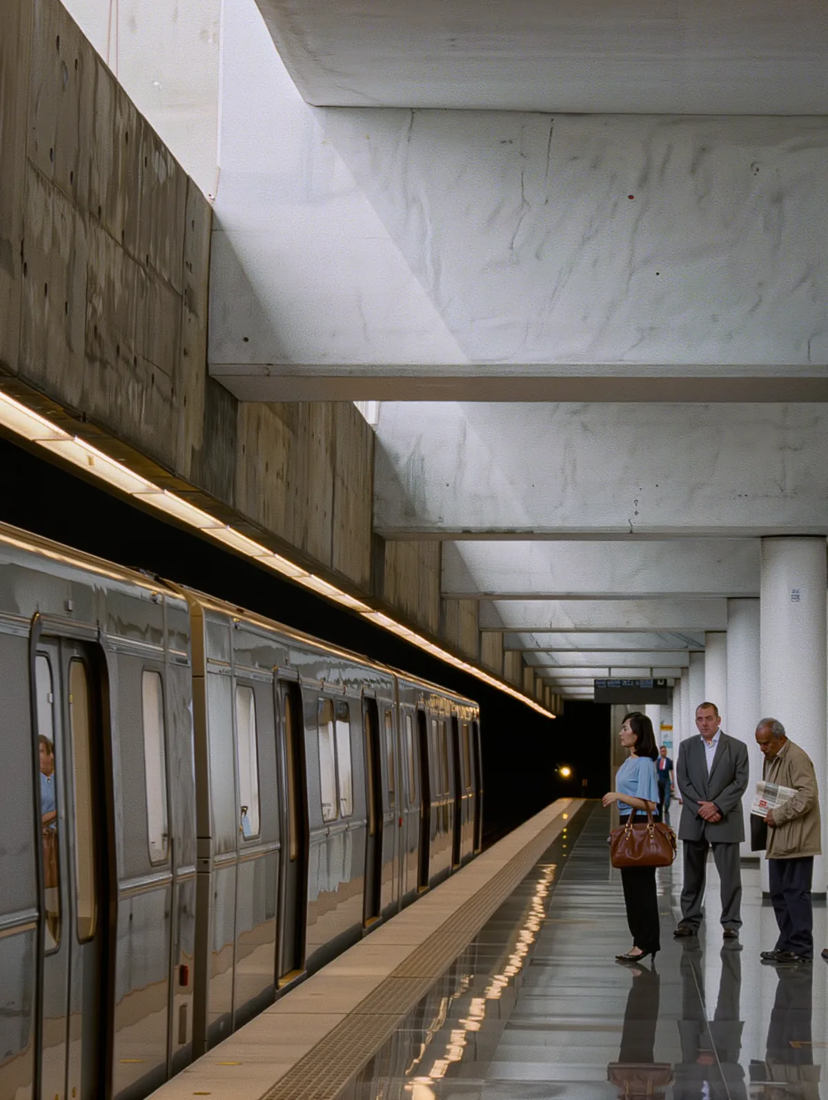 Metro platform with a few passengers waiting as a train arrives