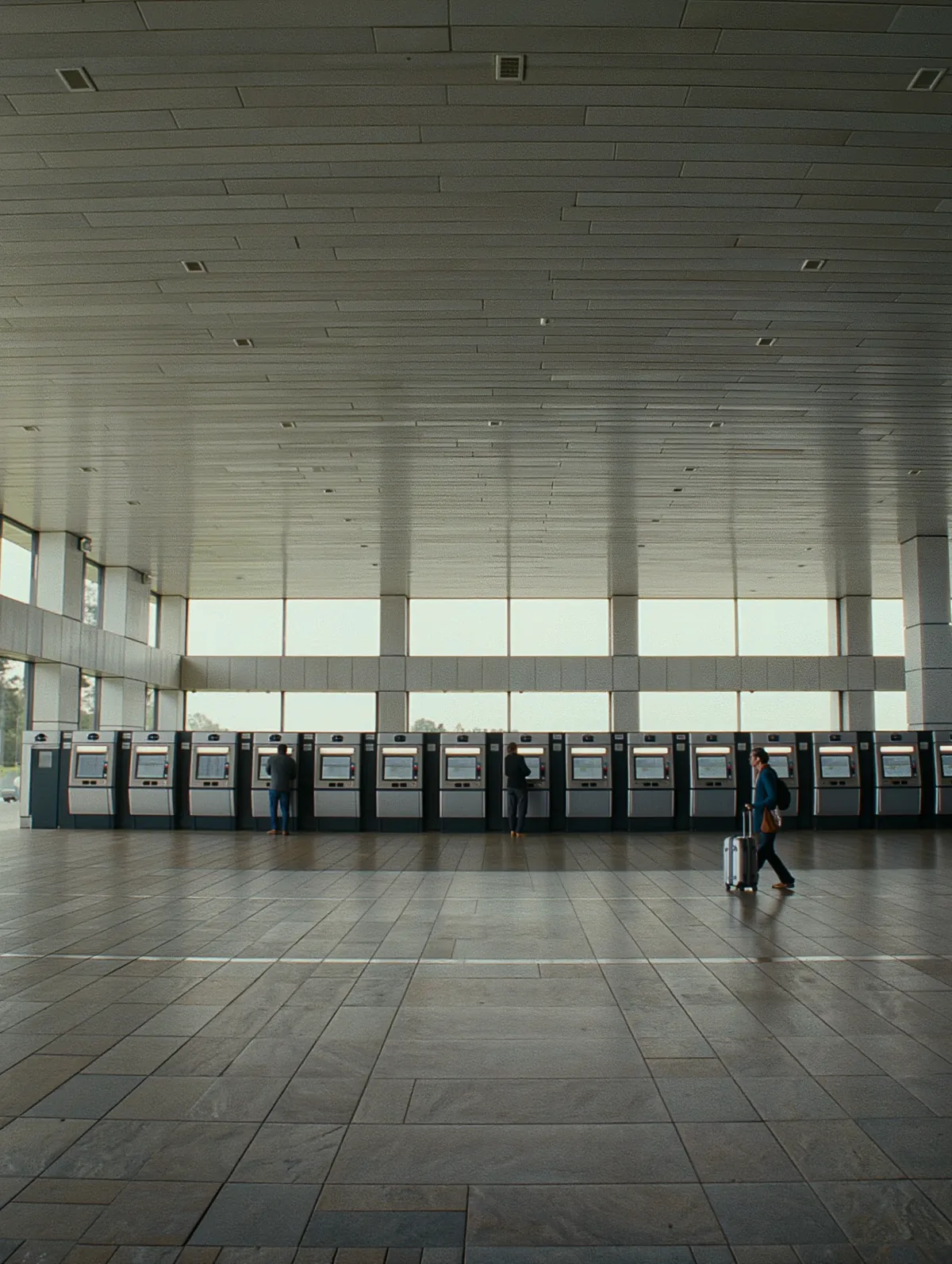 Station ticket hall with travelers at self-service ticket machines
