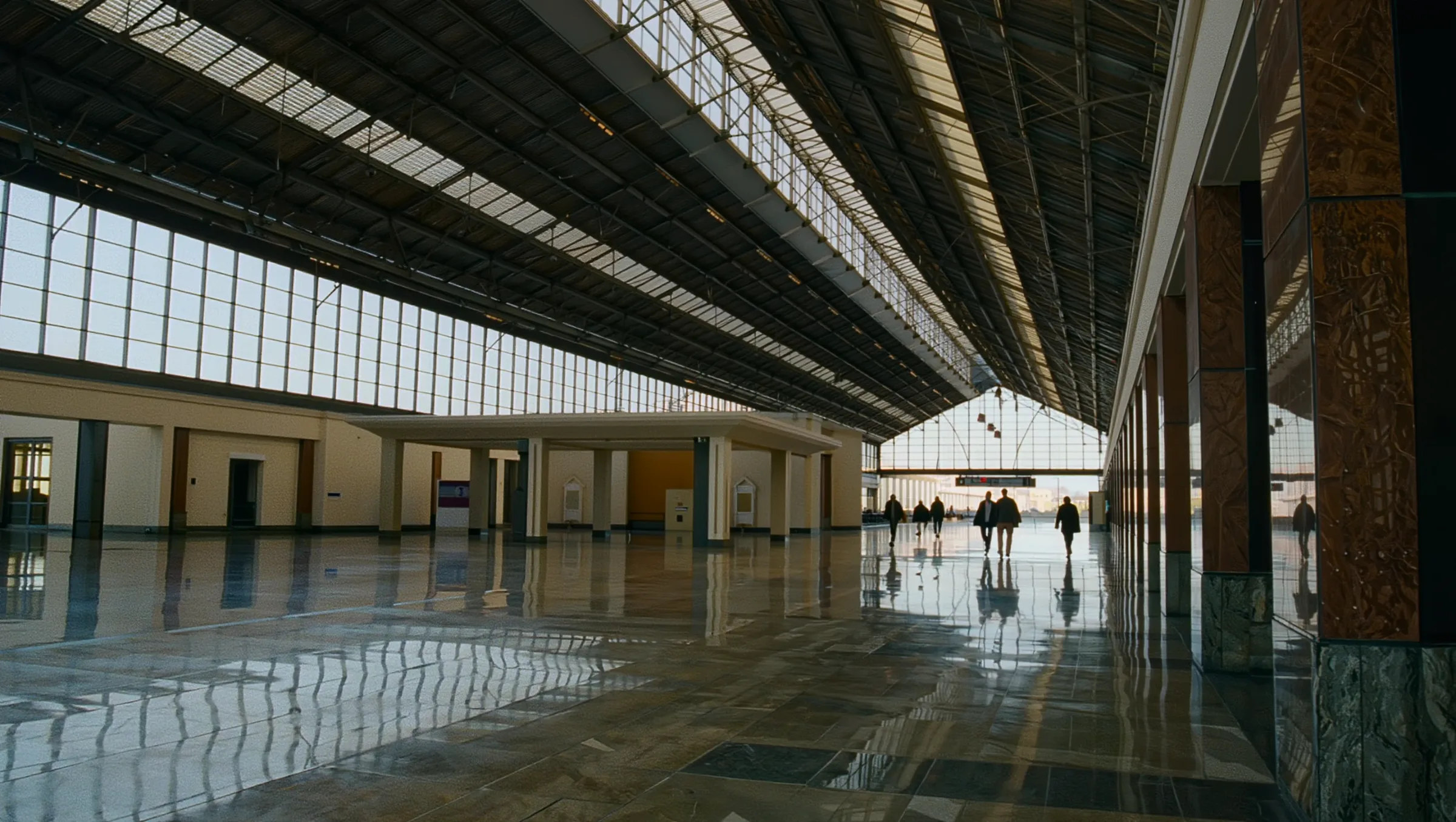 Modern train station concourse with commuters walking under a glass roof
