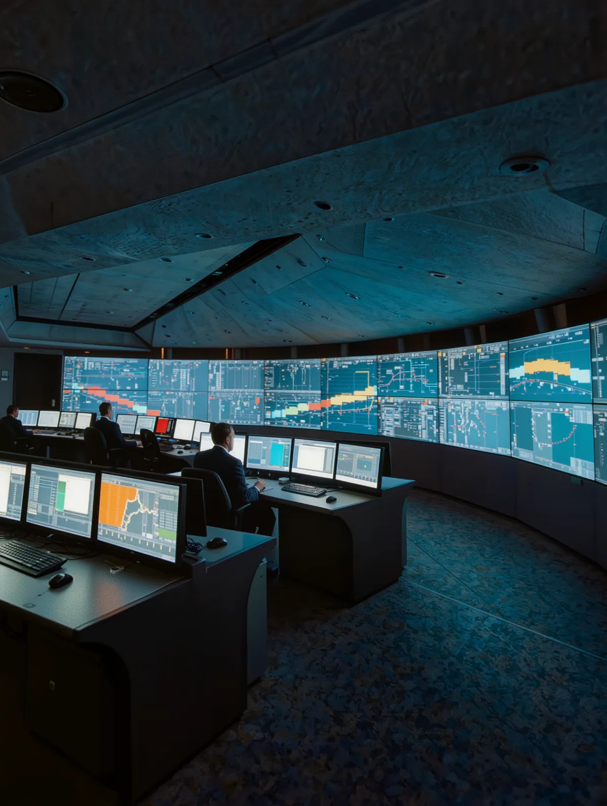 Transit operations control center with operators and a video wall of station maps