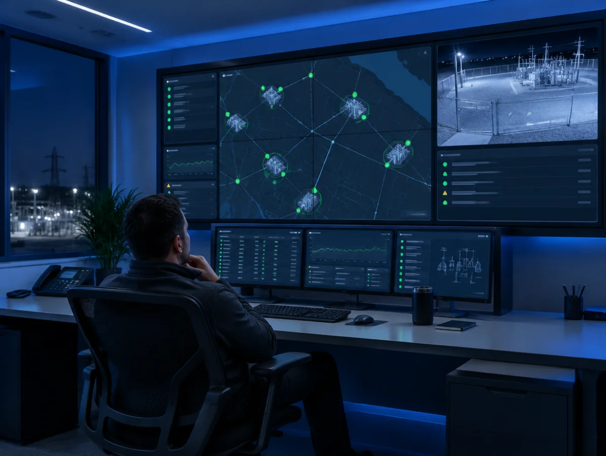 Calm utility security operations center at night with one operator watching a quiet substation map and a PTZ camera view of the fence