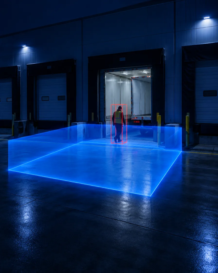 Warehouse loading dock at night with a blue 3D restricted zone and a person near an open dock door highlighted in red