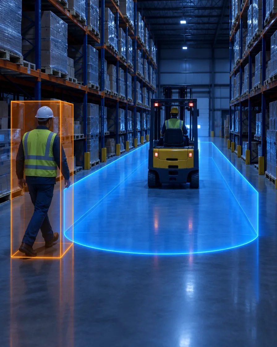 Warehouse aisle with a forklift inside a blue 3D safety zone and a worker on foot highlighted in orange