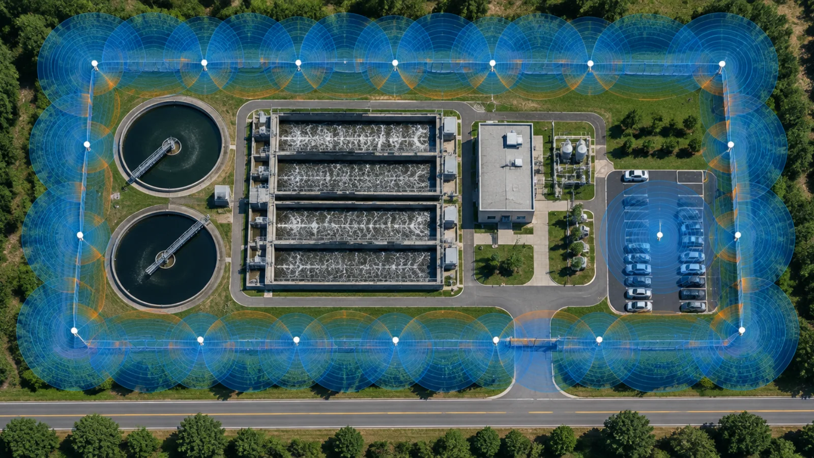 Aerial view of a water and wastewater treatment plant with 3D LiDAR sensors along the perimeter fence and parking lot and overlapping 360 degree coverage rings