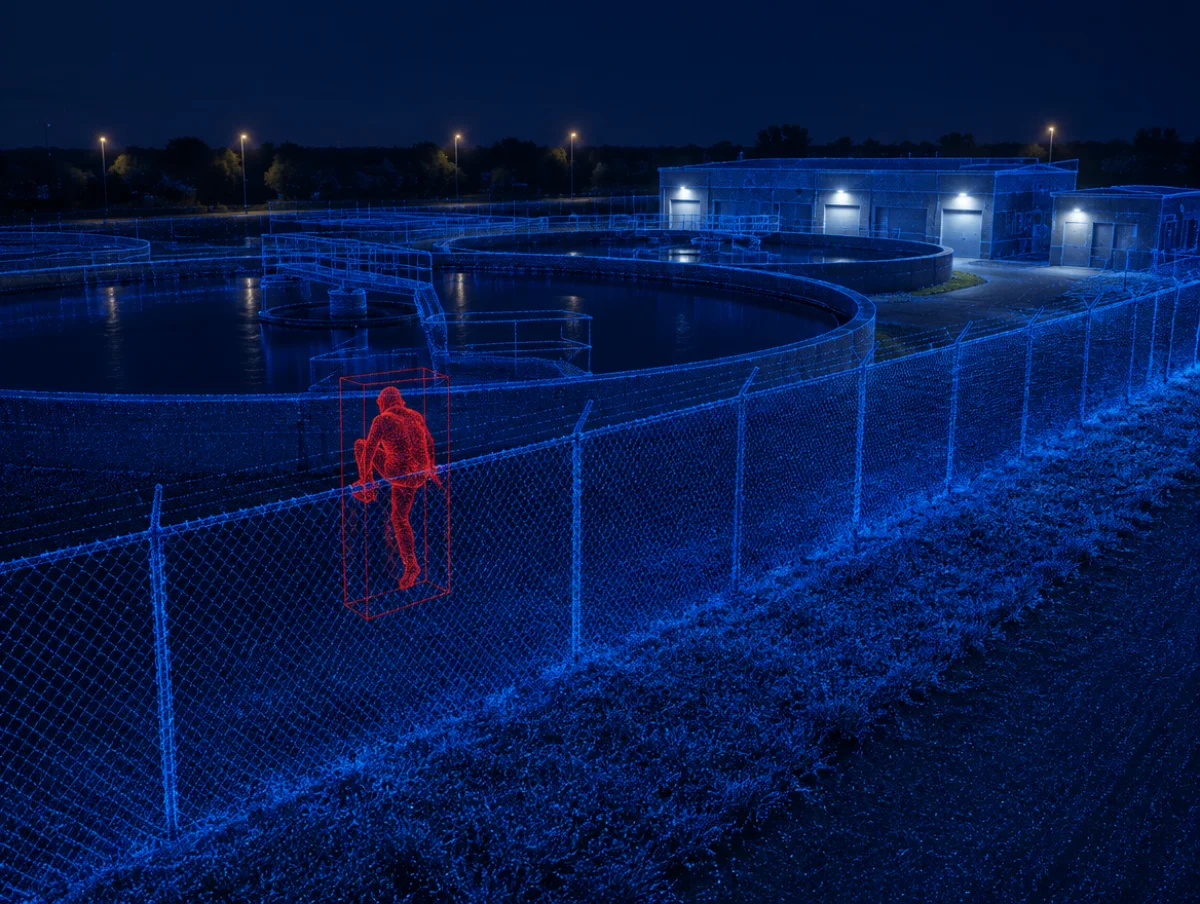 Water treatment plant perimeter fence at night with a 3D LiDAR point cloud overlay and an intruder highlighted in a red bounding box