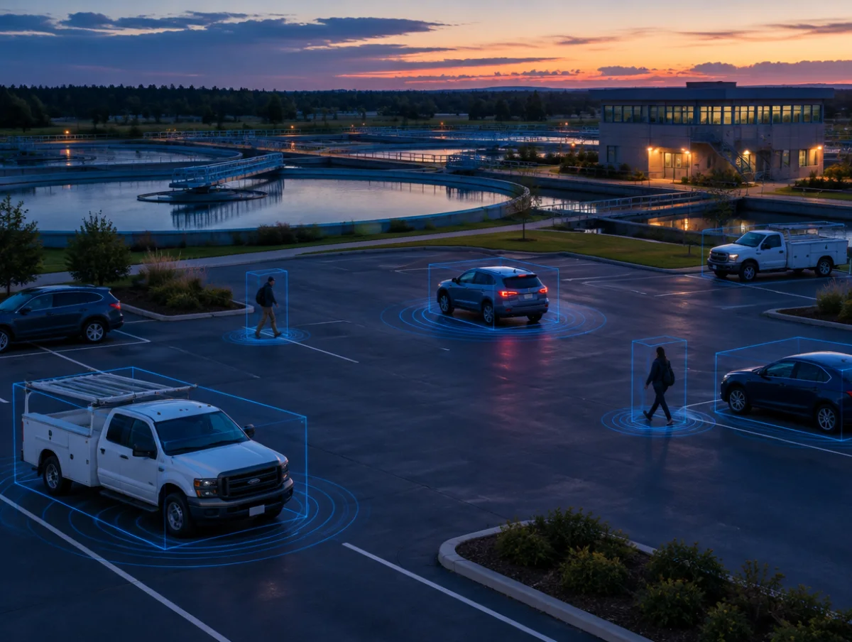 Water treatment facility parking lot at dusk with vehicles and pedestrians tracked by 3D bounding boxes